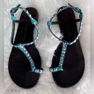 Giuseppe Zanotti Size 39 flat sandals blue suede straps adjustable ankle strap